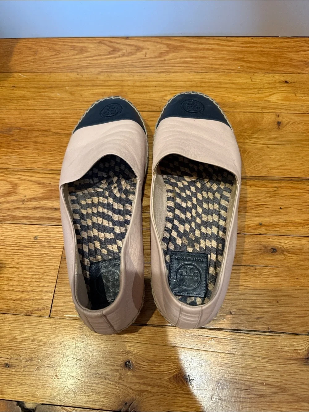 Tory Burch Blush Pink Leather Espadrilles with Black Cap Toe
